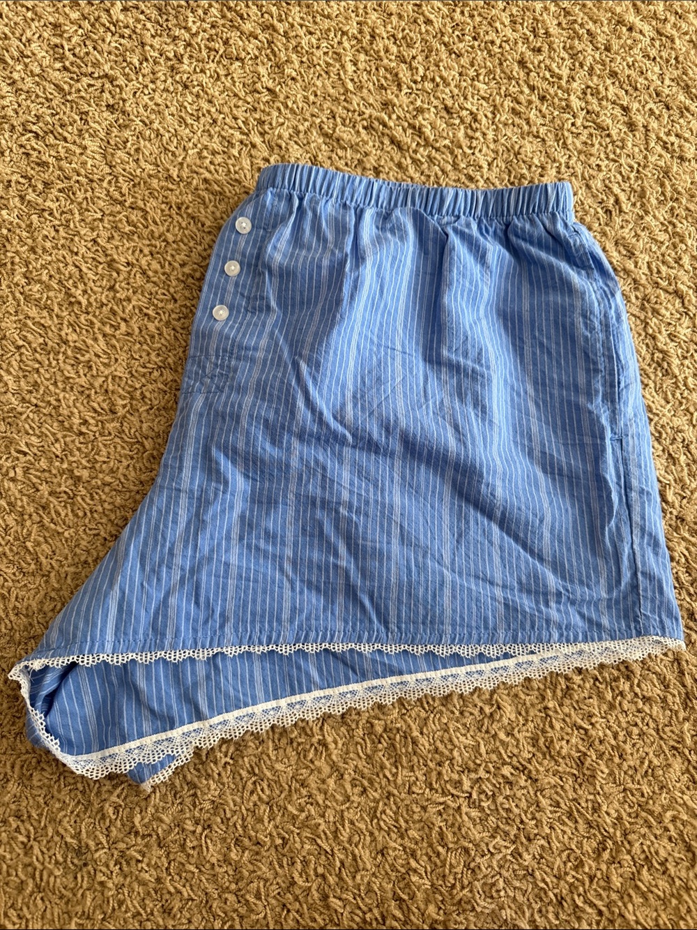 Auden Blue Striped Asymmetric Lace-Trim Pajama Shorts